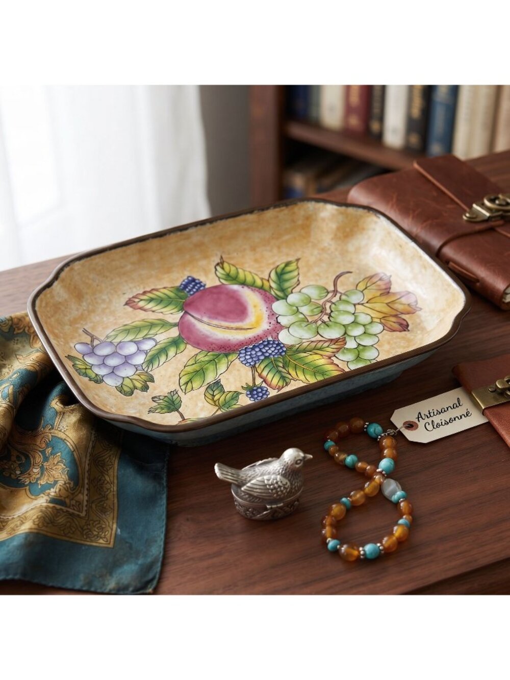 Vintage Chinemel B. Yee Enameled Tray Scalloped Fruit Design